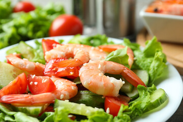 Shrimp salad with different ingredients, close up