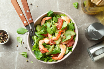 Concept of tasty eating with shrimp salad