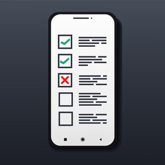 To do list on smart phone screen. Mobile test, online survey. Illustration vector