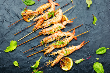 Grilled langoustine shrimps on a skewer
