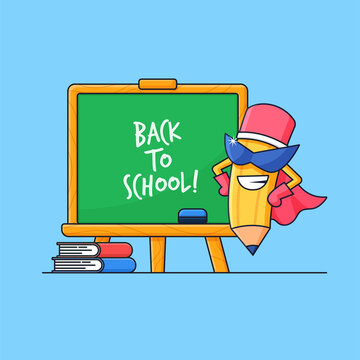 pencil super hero with teaching with clack board background vector illustration for back to school concept design