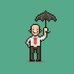 colorful simple flat pixel art illustration of cartoon smiling guy in a white shirt with a red tie he holds a black umbrella