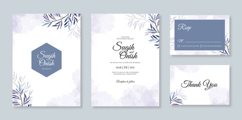 Wedding card invitation set template with watercolor leaves