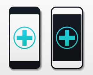Obraz premium Smartphone with medical cross icon on screen. Medicine and medical support. Online doctor consulting, Online medical help. Medical app, tool. Illustration vector