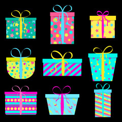 set of holiday gift boxes of various colors and shapes. collection of 9 items on dark background isolated. vector illustration to complement the decor of banners posters and cards