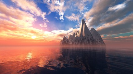 Sea sunset near the rocky island, snow island noah sunset, 3D rendering