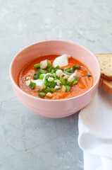 Gazpacho soup. Traditional spanish cold tomato soup of fresh raw vegetables with slices of toasted bread on a grey color table.