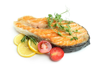 Tasty grilled salmon isolated on white background