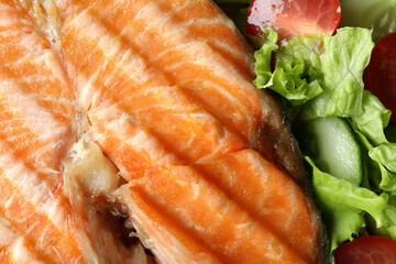 Tasty grilled salmon and ingredients, close up
