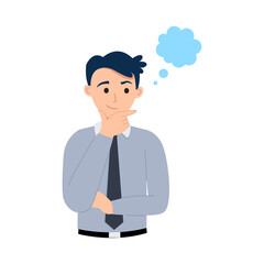 Business man holding up his chin and thinking of an idea with confident smile. Flat vector cartoon style