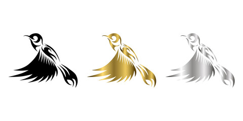 Flying hummingbird three color black gold silver line art Vector illustration on a white background Suitable for making logo