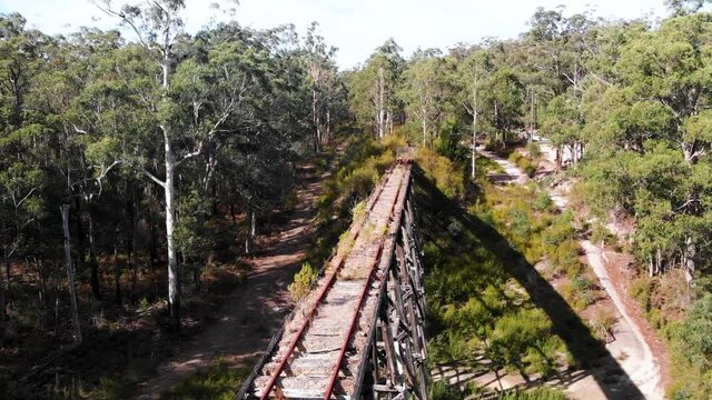Aerial Drone Shot Of Stony Creek Trestle Bridge Near Lakes Entrance. In Victoria, Australia.