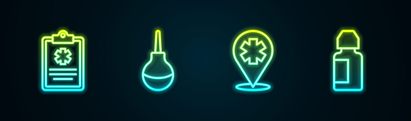 Fototapeta premium Set line Clinical record, Enema, Location with cross hospital and Eye drop bottle. Glowing neon icon. Vector