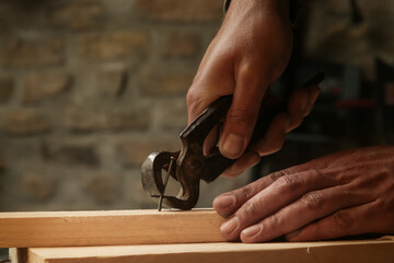 Carpenter pulling the nail with carpenters pincers.