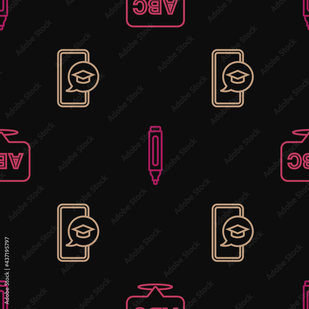 Fototapete set line alphabet, graduation cap on mobile and marker pen on seamless pattern. vector