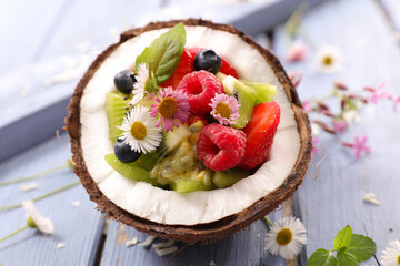 fruit salad in coconut bowl