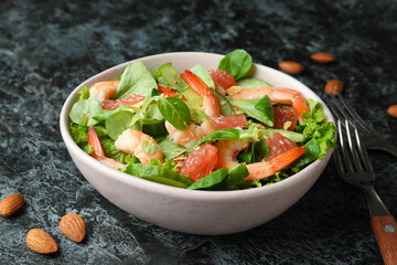 Concept of tasty eating with shrimp salad, close up