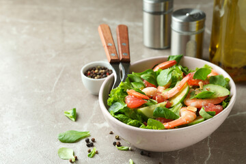 Concept of tasty eating with shrimp salad, close up