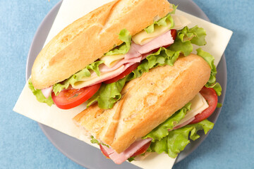sandwich-baguette with ham, cheese and tomato
