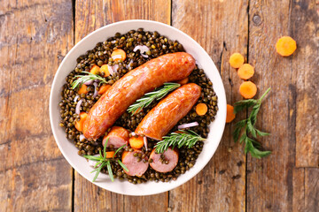 lentils with sausage and carrot - obrazy, fototapety, plakaty