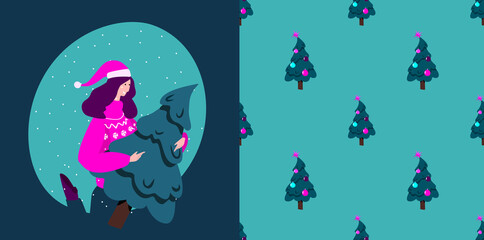 Naklejka premium Merry Christmas and Happy New Year Winter Holidays.Festive Endless Pattern.Decorated Christmas Fir Tree Wrapping Paper. Smiling Girl.Fairy Snowing Congratulative Card. Cartoon Flat Vector Illustration