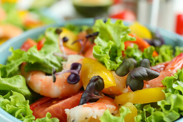 Shrimp salad with different ingredients, close up
