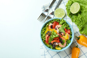 Concept of tasty eating with shrimp salad on white background