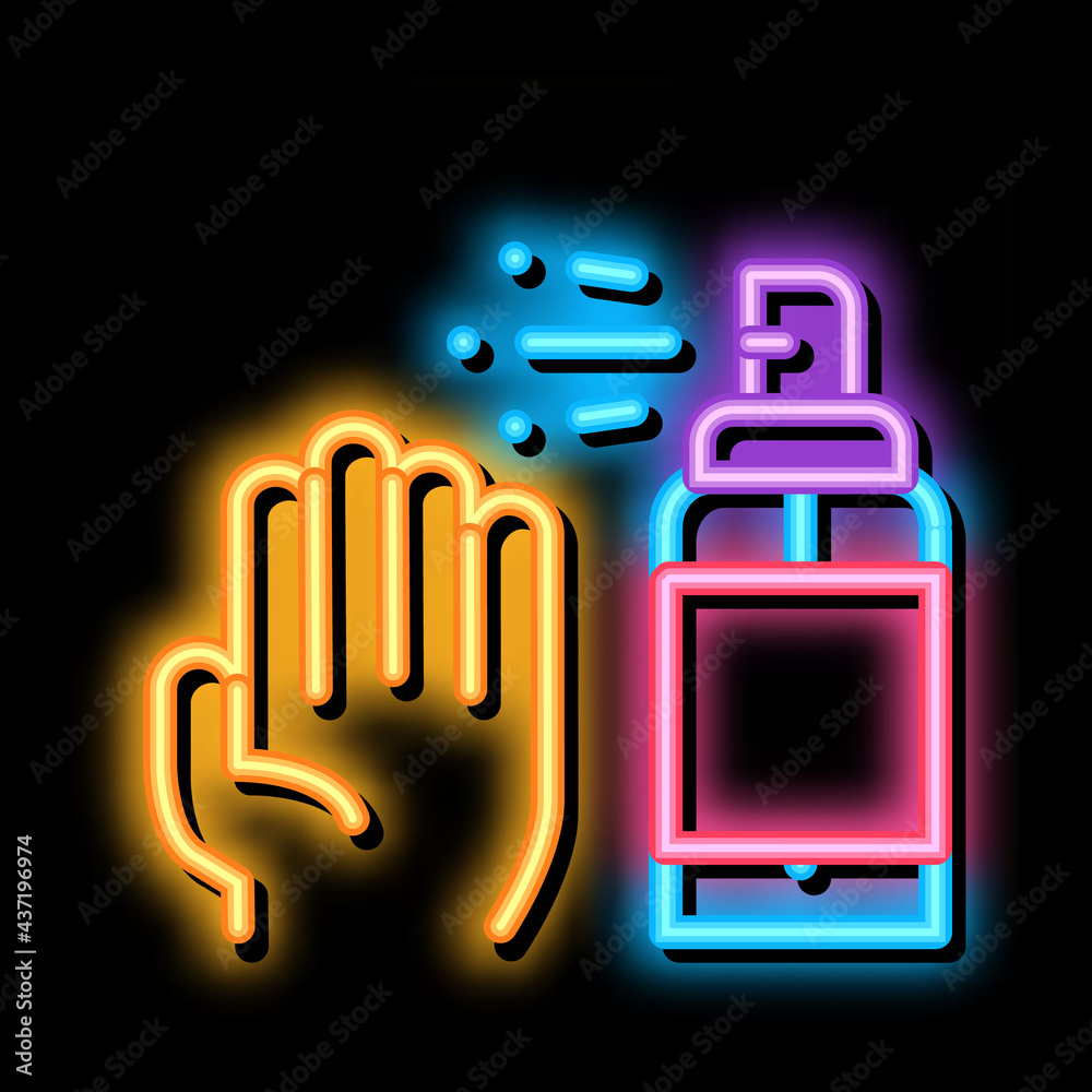 Sticker Hand And Bottle Spray neon light sign vector. Glowing bright icon Hand And Bottle Spray sign. transparent symbol illustration