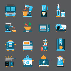 Kitchen small appliances icons flat set vector. Household tools symbol for app, web.