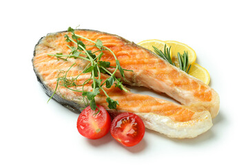 Tasty grilled salmon isolated on white background