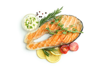 Tasty grilled salmon isolated on white background