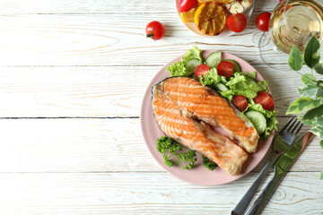 Concept of tasty eating with grilled salmon, space for text