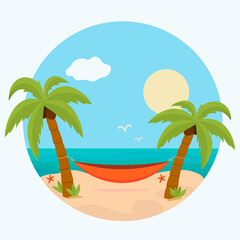 Fototapeta na wymiar Logo or icon - hammock with palm trees on the beach. Tropical background with the sea - round shape. Vector flat design.