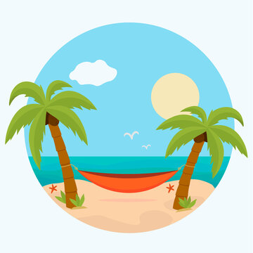 Logo or icon - hammock with palm trees on the beach. Tropical background with the sea - round shape. Vector flat design.