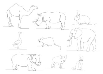 one line drawing animals set isolated, vector