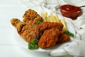 Concept of tasty eating with fried chicken on white wooden background