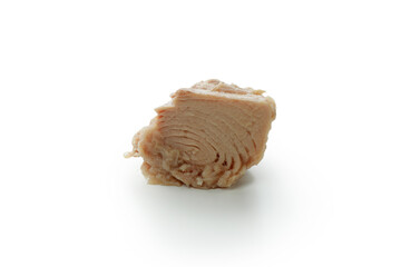 Tasty canned tuna isolated on white background