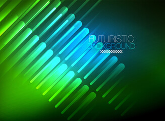 Bright neon color techno abstract background, shiny glowing neon lines in the dark background