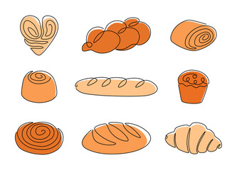 Continuous line bakery. One line bread, pretzel, croissant, baguette, bagel, muffin, loaf, cinnamon roll. Vector baked food set