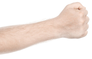 Male caucasian hands  isolated white background showing  gesture clenched fist. man hands showing different gestures