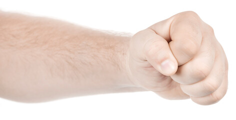 Male caucasian hands  isolated white background showing  gesture clenched fist. man hands showing different gestures