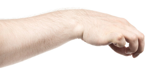 Male caucasian hands  isolated white background showing  gesture holds something or takes, gives. man hands showing different gestures