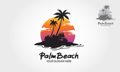 Palm Beach Logo Illustration. Water ocean waves with sun, palm tree and beach, for restaurant and hotel. 
