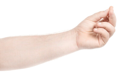 Male caucasian hands  isolated white background showing  gesture holds something or takes, gives. man hands showing different gestures
