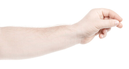 Male caucasian hands  isolated white background showing  gesture holds something or takes, gives. man hands showing different gestures