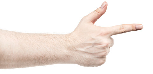 Male caucasian hands  isolated white background showing  gesture points finger to something or someone.  man hands showing different gestures. forefinger