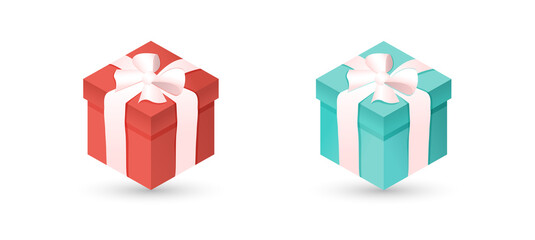 Set of red and blue gift box with bow and ribbon on white isolated background. Realistic 3D gift for New Year, Christmas, Birthday, Valentines Day, holiday, party. Vector illustration.