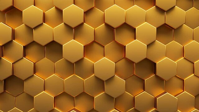 Animated abstract background of golden hexagon. 3d rendering