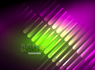 Bright neon color techno abstract background, shiny glowing neon lines in the dark background