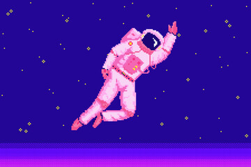 Fototapeta na wymiar Pixel art astronaut. Spaceman 8 bit objects. Space art, digital icons. cosmonaut on the moon. Retro assets. Vintage game style. Set of characters. Vector illustration.